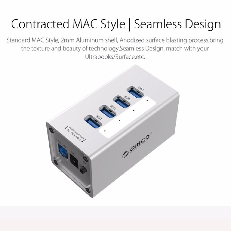 موزع USB 3.0 عالي السرعة من ORICO A3H4 بأربعة منافذ من الألمنيوم مع مزود طاقة 12V/2.5A لأجهزة اللابتوب، 4 منافذ (فضي)