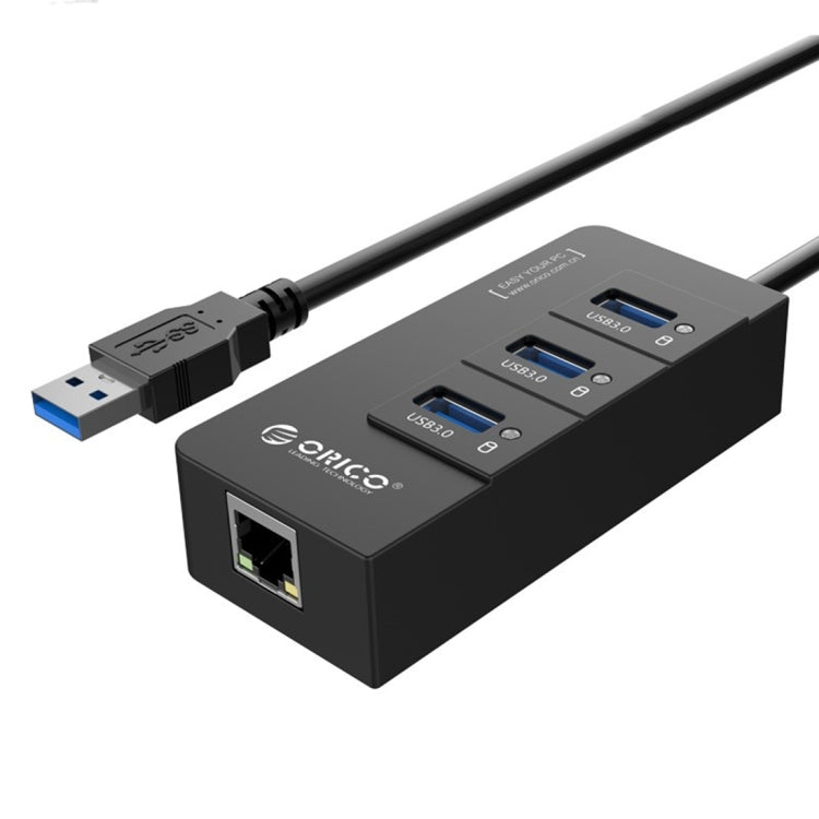 موزع USB3.0 من ORICO HR01-U3 من مادة ABS مع 3 منافذ ومحول شبكة إيثرنت جيجابت RJ45 خارجي بسرعة 5 جيجابت في الثانية لأجهزة اللابتوب / الكمبيوتر المكتبي / ألترا بوك وغيرها