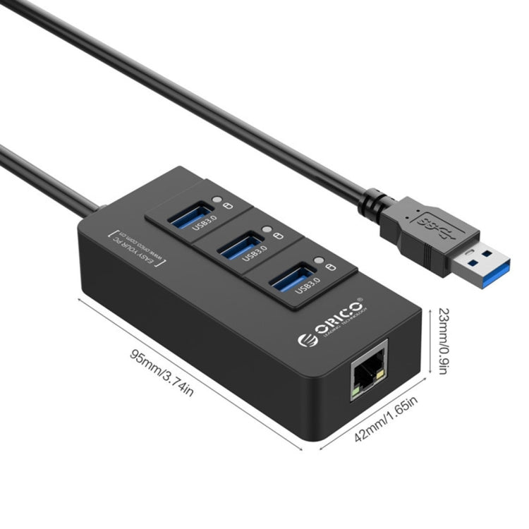 موزع USB3.0 من ORICO HR01-U3 من مادة ABS مع 3 منافذ ومحول شبكة إيثرنت جيجابت RJ45 خارجي بسرعة 5 جيجابت في الثانية لأجهزة اللابتوب / الكمبيوتر المكتبي / ألترا بوك وغيرها