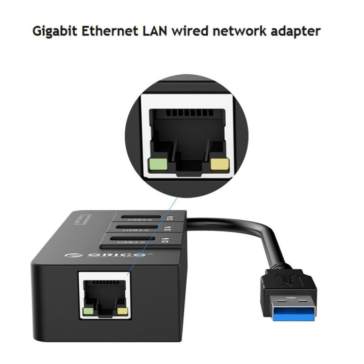 موزع USB3.0 من ORICO HR01-U3 من مادة ABS مع 3 منافذ ومحول شبكة إيثرنت جيجابت RJ45 خارجي بسرعة 5 جيجابت في الثانية لأجهزة اللابتوب / الكمبيوتر المكتبي / ألترا بوك وغيرها