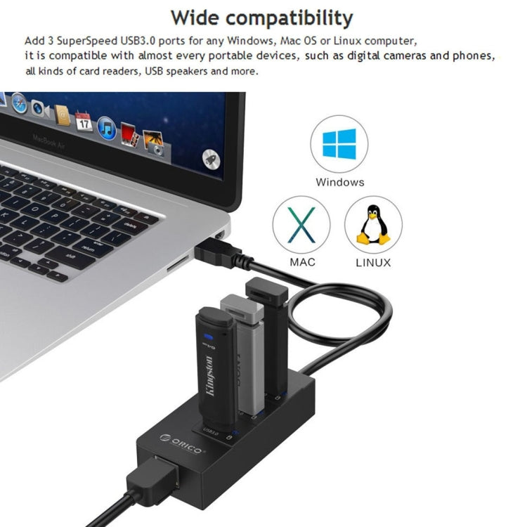 موزع USB3.0 من ORICO HR01-U3 من مادة ABS مع 3 منافذ ومحول شبكة إيثرنت جيجابت RJ45 خارجي بسرعة 5 جيجابت في الثانية لأجهزة اللابتوب / الكمبيوتر المكتبي / ألترا بوك وغيرها