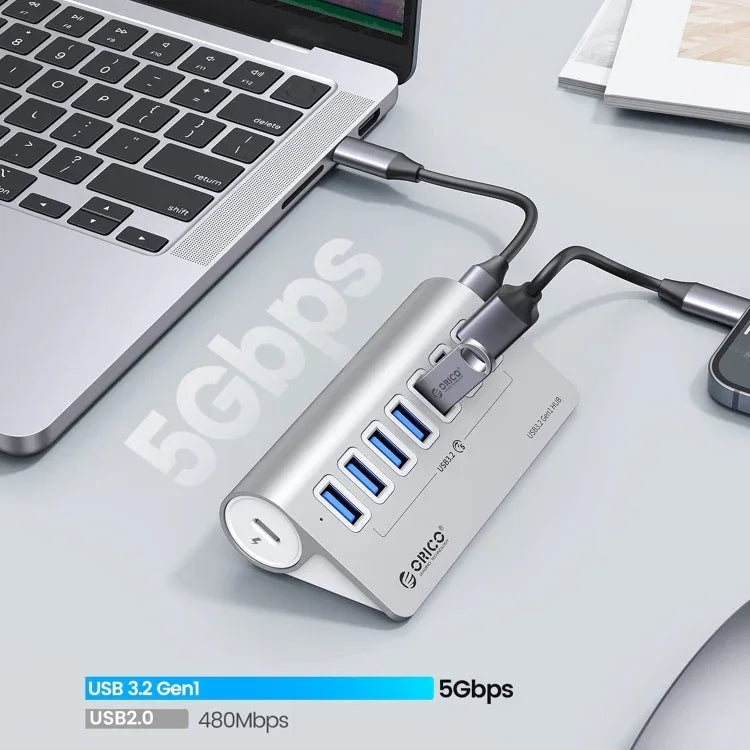 ORICO M3U7 موزع USB 3.2 Gen1 سباعي المنافذ من الألمنيوم مع كابل بطول 0.5 متر، M3U7 0.5م