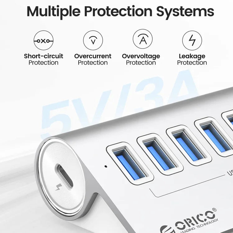ORICO M3U7 موزع USB 3.2 Gen1 سباعي المنافذ من الألمنيوم مع كابل بطول 0.5 متر، M3U7 0.5م