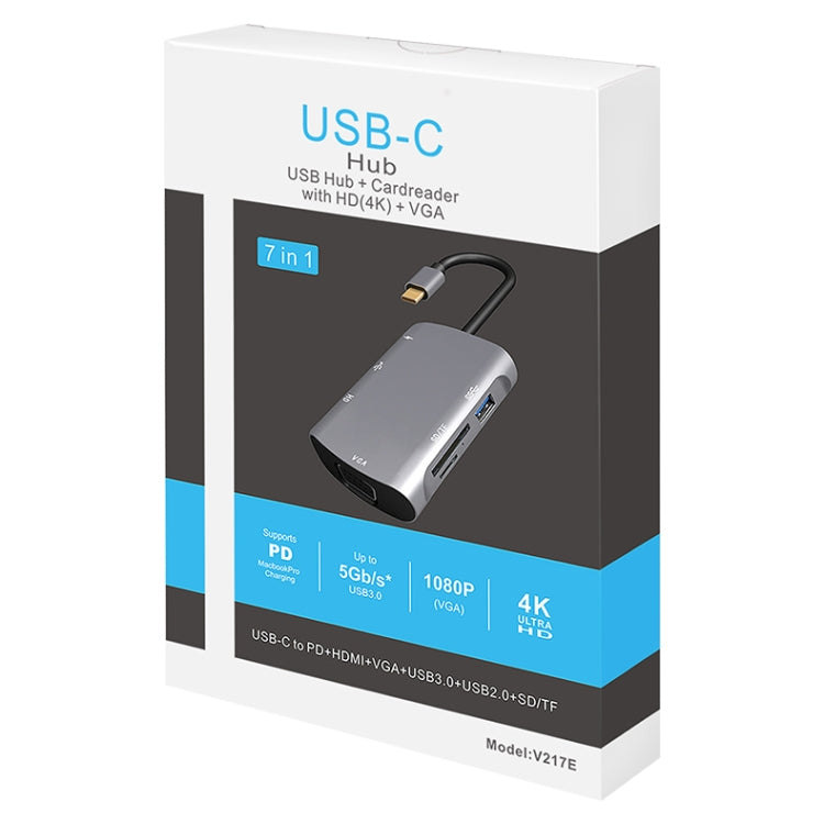 محطة إرساء متعددة الوظائف V217E 7 في 1 نوع C / USB-C إلى PD + HDMI + VGA + USB3.0 + UB2.0 + SD / TF، نوع-C / USB-C HUB، PD+HDMI+VGA+USB3.0+UB2.0+SD / TF