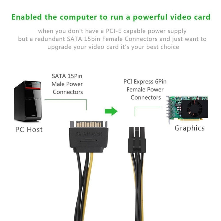 كابل طاقة ساتا 15 دبوس إلى 6 دبوس PCI إكسبريس لبطاقة فيديو رسومات بطول 20 سم، ساتا 15 دبوس إلى 6 دبوس أنثى