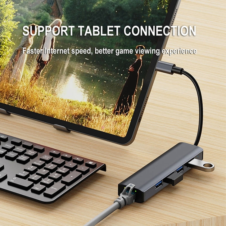 BYL-2302 5 in 1 USB-C / Type-C to USB Multifunctional Docking Station HUB Adapter with 1000M Network Port, BYL-2302
