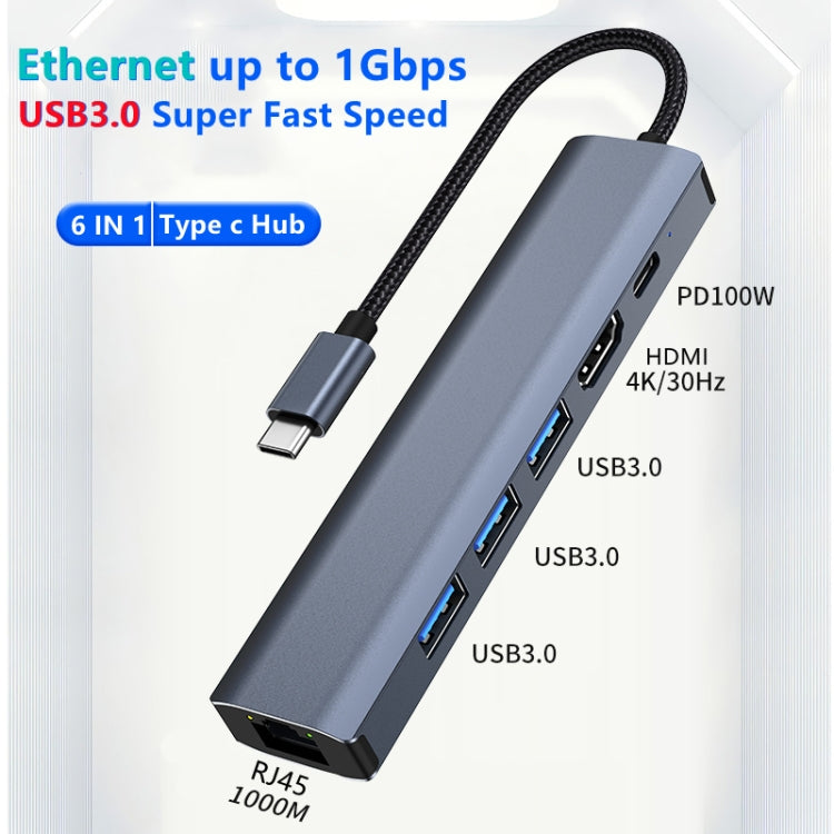 محطة إرساء متعددة الوظائف 6 في 1 USB-C / Type-C إلى USB مع منفذ شبكة 1000M، محول BYL-2210