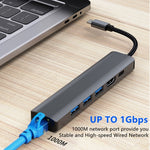 محطة إرساء متعددة الوظائف 6 في 1 USB-C / Type-C إلى USB مع منفذ شبكة 1000M، محول BYL-2210