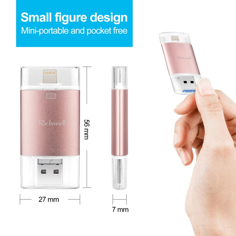 ذاكرة فلاش Richwell 3 في 1 بسعة 128 جيجابايت Type-C + 8 دبابيس + USB 3.0 مع غطاء معدني مزدوج ودفع وسحب مع وظيفة OTG