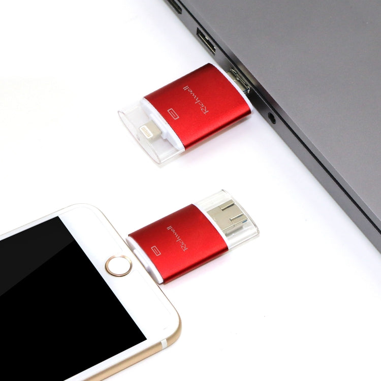 ذاكرة فلاش Richwell 3 في 1 بسعة 128 جيجابايت Type-C + 8 دبابيس + USB 3.0 مع غطاء معدني مزدوج ودفع وسحب مع وظيفة OTG
