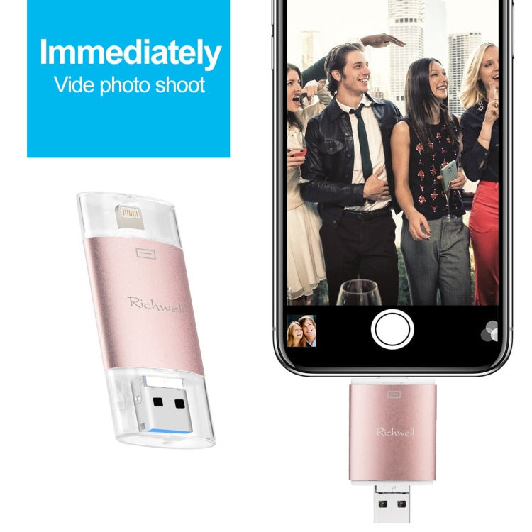ذاكرة فلاش Richwell 3 في 1 بسعة 128 جيجابايت Type-C + 8 دبابيس + USB 3.0 مع غطاء معدني مزدوج ودفع وسحب مع وظيفة OTG