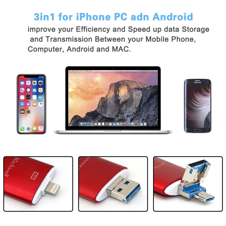 ذاكرة فلاش Richwell 3 في 1 بسعة 128 جيجابايت Type-C + 8 دبابيس + USB 3.0 مع غطاء معدني مزدوج ودفع وسحب مع وظيفة OTG