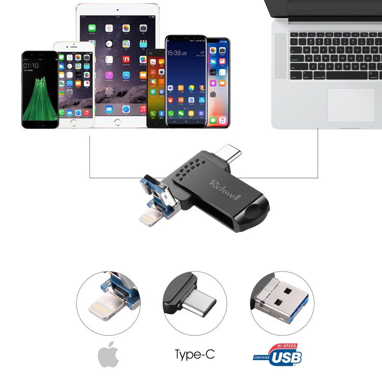 ريتشويل فلاش ديسك معدني 32 جيجابايت Type-C + 8 Pin + USB 3.0 مع وظيفة OTG