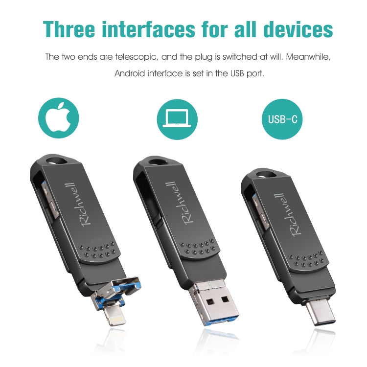 ريتشويل فلاش ديسك معدني 128 جيجابايت Type-C + 8 Pin + USB 3.0 مع وظيفة OTG