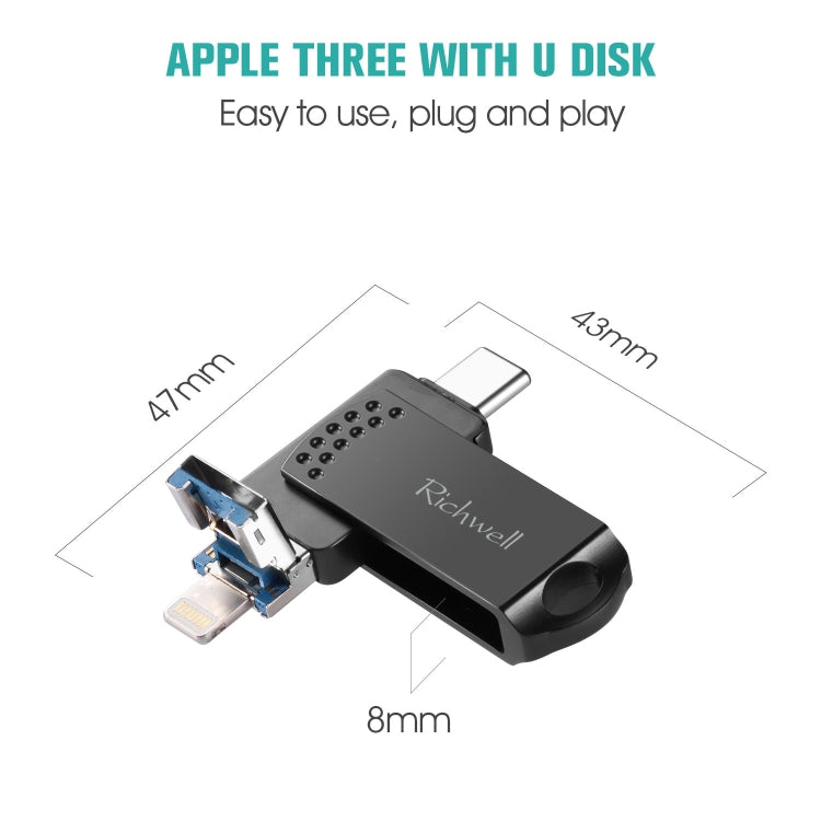 ريتشويل فلاش ديسك معدني 128 جيجابايت Type-C + 8 Pin + USB 3.0 مع وظيفة OTG