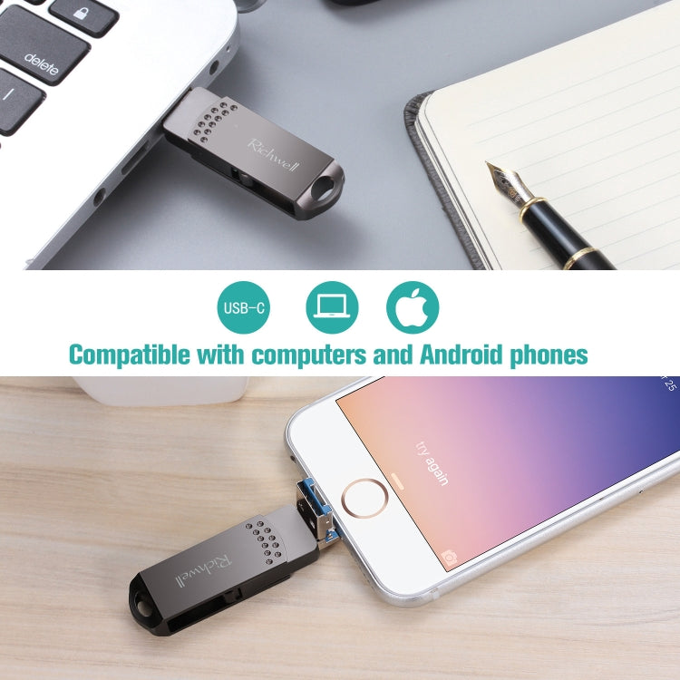 ريتشويل فلاش ديسك معدني 128 جيجابايت Type-C + 8 Pin + USB 3.0 مع وظيفة OTG