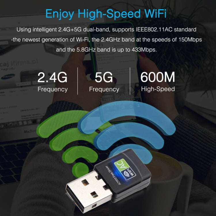 محول واي فاي USB 2.0 ثنائي النطاق 2.4GHz و5GHz بسرعة AC600Mbps، بطاقة شبكة خارجية، AC600Mbps