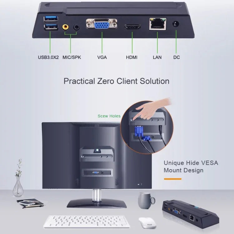Zero Client R1W كمبيوتر صغير، CORTEX QUAD A9 رباعي النواة حتى 1.6GHz، ذاكرة عشوائية: 1GB، ذاكرة داخلية: 8GB، يدعم واي فاي، HDMI، VGA، RJ45، مكبر صوت، نسخة واي فاي