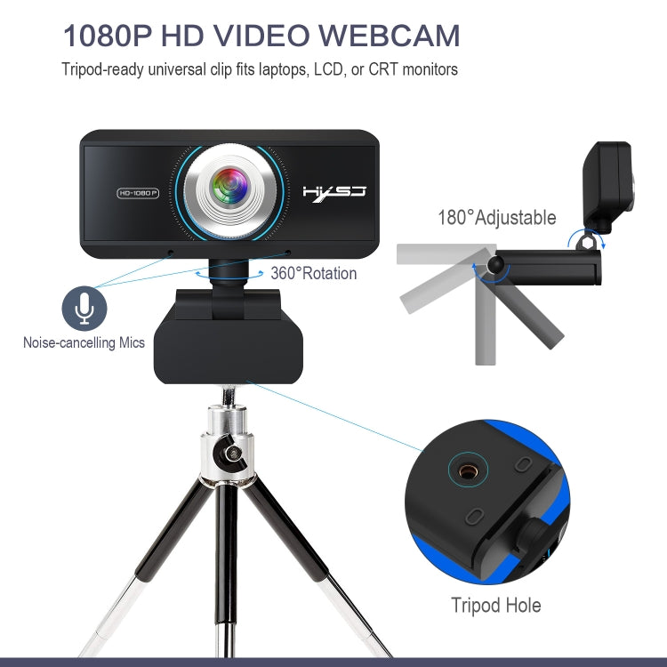 كاميرا ويب HXSJ S4 بدقة 1080P قابلة للتعديل بزاوية 180 درجة مع تركيز يدوي وميكروفون للكمبيوتر الشخصي