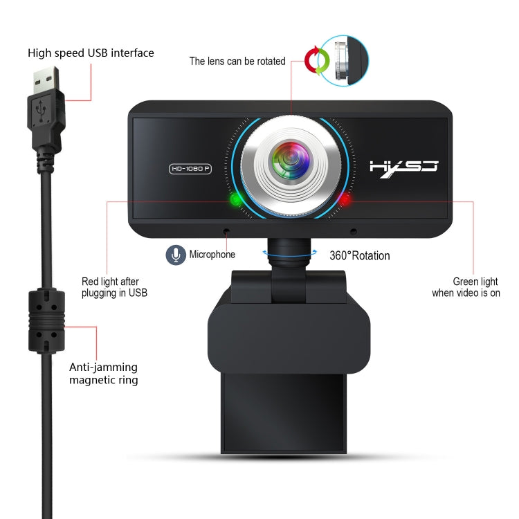 كاميرا ويب HXSJ S4 بدقة 1080P قابلة للتعديل بزاوية 180 درجة مع تركيز يدوي وميكروفون للكمبيوتر الشخصي