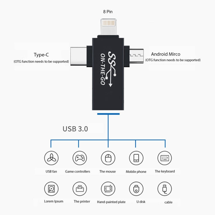 محول OTG متعدد الوظائف 3 في 1 USB 3.0 إلى 8 دبوس + Micro USB + USB-C / Type-C