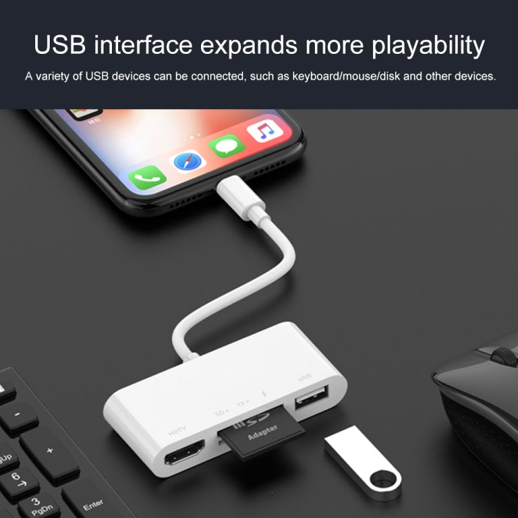 محول فيديو عالي الدقة 75215 5 في 1 من 8 دبابيس إلى HDMI + فتحة بطاقة SD + فتحة بطاقة TF + USB + منفذ شحن 8 دبابيس، 75215