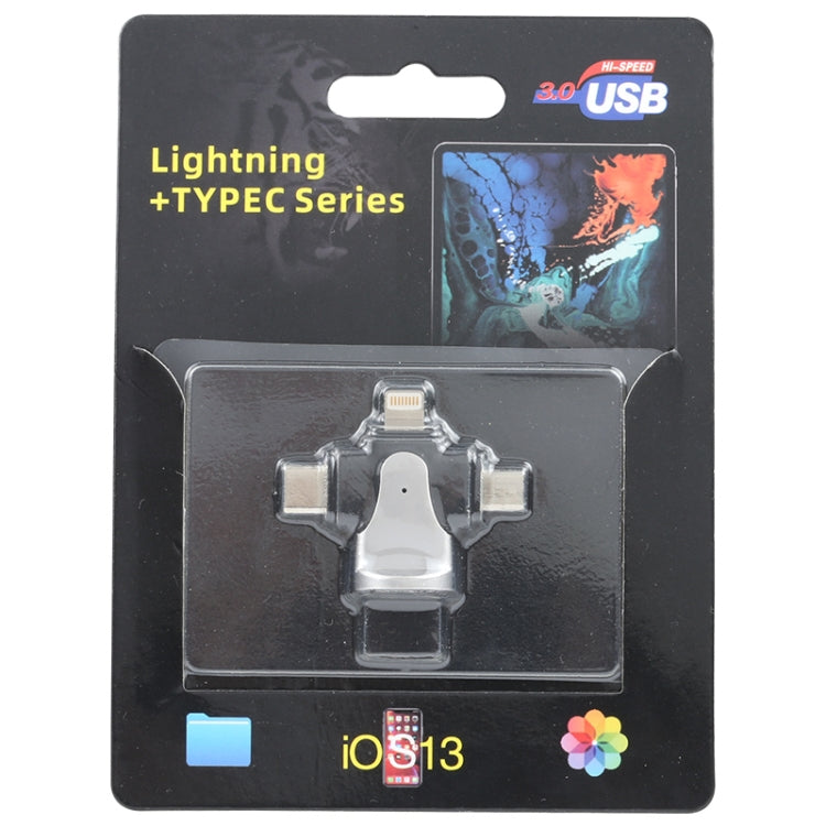 محول 3 في 1 من 8 دبابيس + USB-C / Type-C + Micro USB ذكر إلى USB 3.0 أنثى من سبائك الزنك