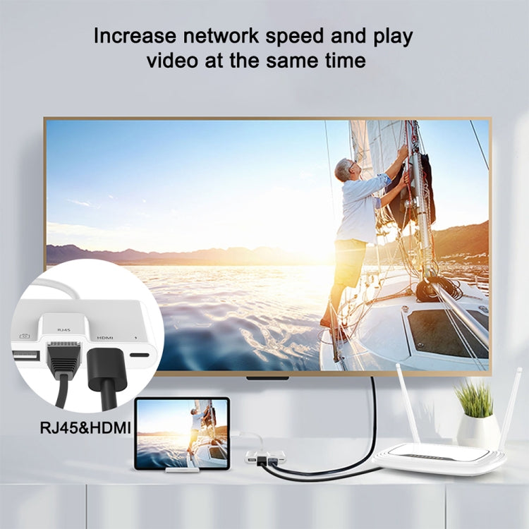 محول AV رقمي OTG 4 في 1 من 8 دبابيس ذكر إلى طاقة 8 دبابيس + RJ45 إيثرنت + HDMI + كاميرا USB أنثى، RJ45 إيثرنت