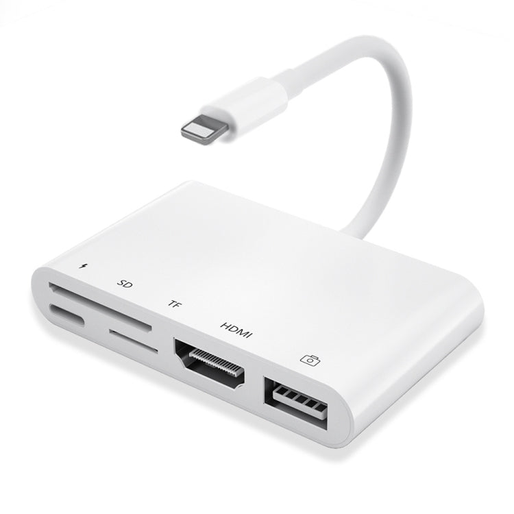 محول AV رقمي OTG 5 في 1 من 8 دبابيس ذكر إلى USB + HDMI + فتحة بطاقة TF / SD + طاقة 8 دبابيس أنثى، فتحة بطاقة TF / SD