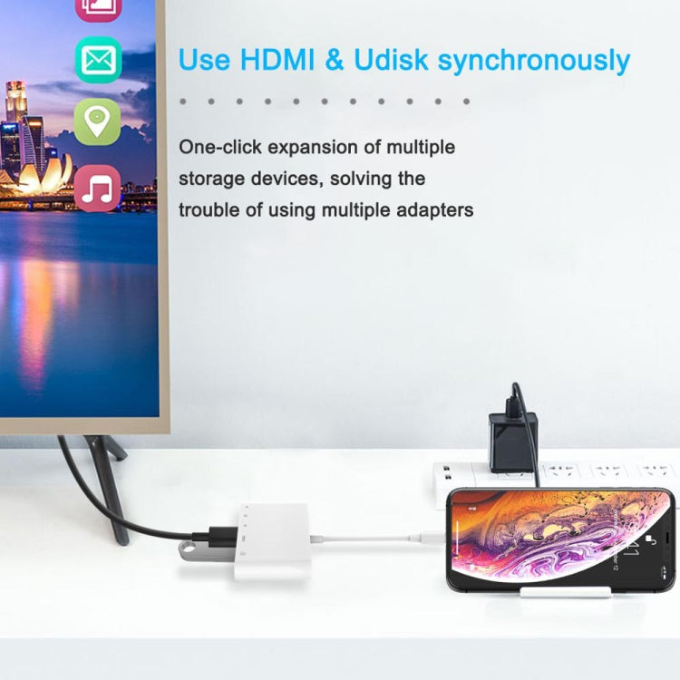 محول AV رقمي OTG 5 في 1 من 8 دبابيس ذكر إلى USB + HDMI + فتحة بطاقة TF / SD + طاقة 8 دبابيس أنثى، فتحة بطاقة TF / SD