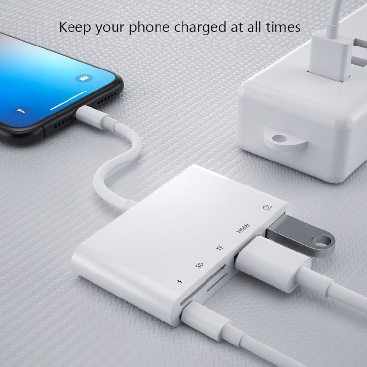 محول AV رقمي OTG 5 في 1 من 8 دبابيس ذكر إلى USB + HDMI + فتحة بطاقة TF / SD + طاقة 8 دبابيس أنثى، فتحة بطاقة TF / SD
