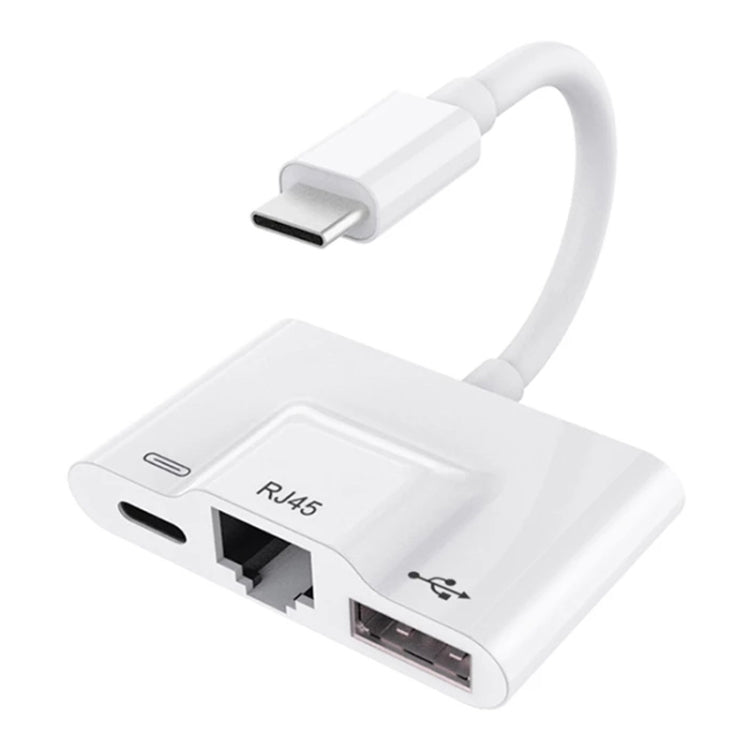 محول 3 في 1 USB-C / Type-C ذكر إلى USB + إيثرنت RJ45 100M + طاقة Type-C أنثى
