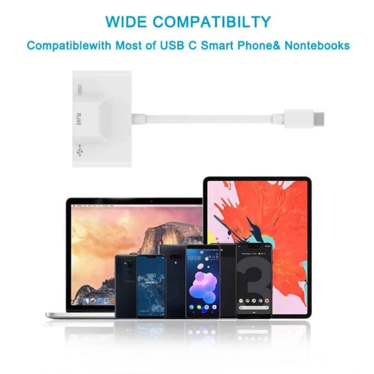 محول 3 في 1 USB-C / Type-C ذكر إلى USB + إيثرنت RJ45 100M + طاقة Type-C أنثى