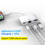كابل محول فيديو رقمي NK-107 3 في 1 منافذ أنثى إيثرنت + USB + شحن 8 دبابيس إلى ذكر 8 دبابيس OTG