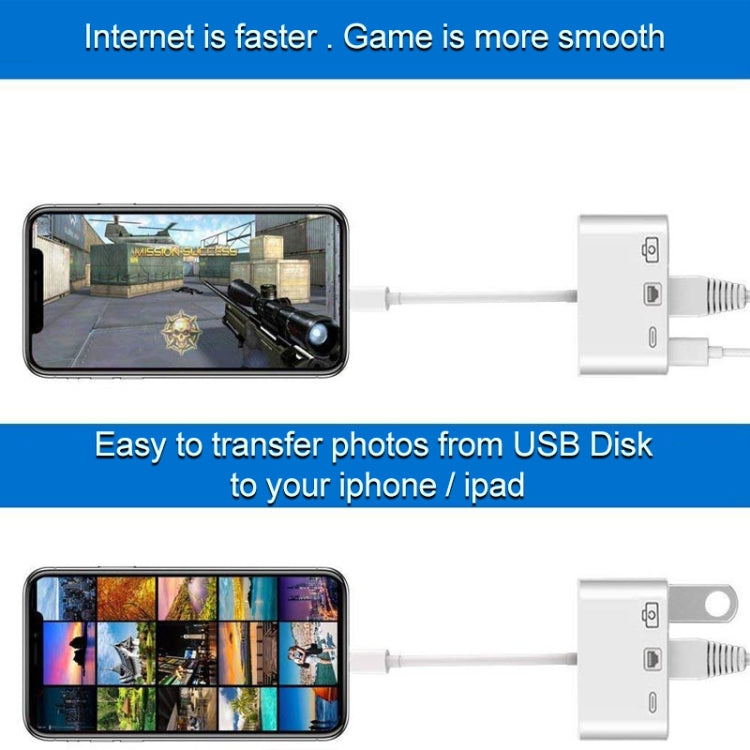 كابل محول فيديو رقمي NK-107 3 في 1 منافذ أنثى إيثرنت + USB + شحن 8 دبابيس إلى ذكر 8 دبابيس OTG