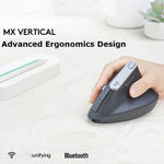 فأرة بصرية عمودية لاسلكية مريحة من Logitech MX Vertical بدقة 4000DPI مع USB-C / Type-C + Unifying + Bluetooth بثلاثة أوضاع، MX Vertical