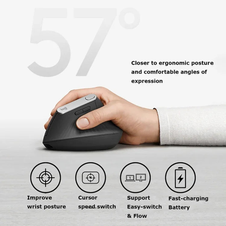 فأرة بصرية عمودية لاسلكية مريحة من Logitech MX Vertical بدقة 4000DPI مع USB-C / Type-C + Unifying + Bluetooth بثلاثة أوضاع، MX Vertical