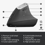 فأرة بصرية عمودية لاسلكية مريحة من Logitech MX Vertical بدقة 4000DPI مع USB-C / Type-C + Unifying + Bluetooth بثلاثة أوضاع، MX Vertical