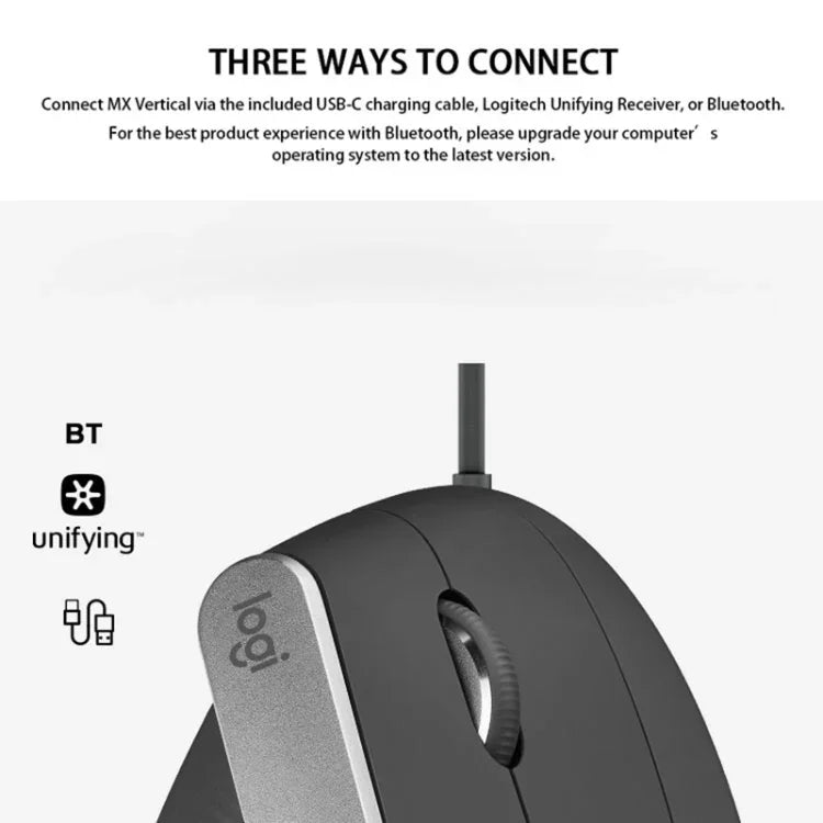 فأرة بصرية عمودية لاسلكية مريحة من Logitech MX Vertical بدقة 4000DPI مع USB-C / Type-C + Unifying + Bluetooth بثلاثة أوضاع، MX Vertical