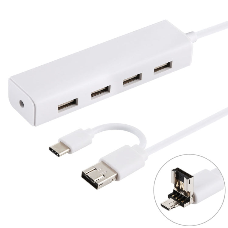 محول HUB 3 في 1 مع منافذ USB-C / Type-C + Micro USB + 4 منافذ USB 2.0، طول الكابل: 12 سم، 3 في 1 (أبيض)، 3 في 1 (أسود)
