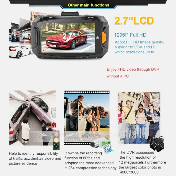 كاميرا DVR سيارة GS90C بشاشة LCD بحجم 2.7 بوصة، دقة HD 2304 × 1296P، زاوية عرض واسعة 170 درجة، يدعم كشف الحركة / بطاقة TF / حساس G / HDMI، GS90C