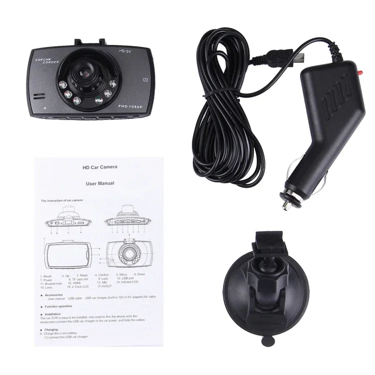 كاميرا DVR سيارة بشاشة LCD بحجم 2.7 بوصة، دقة 480P، كاميرا 1.3 ميجابكسل، زاوية عرض 120 درجة، يدعم الرؤية الليلية / كشف الحركة / بطاقة TF / حساس G، 2.7 بوصة