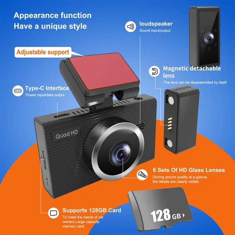 X12 مسجل قيادة سيارة واي فاي بدقة 2K ألترا HD مع تسجيل بانورامي ثلاثي، يدعم تطبيق الهاتف المحمول، X12