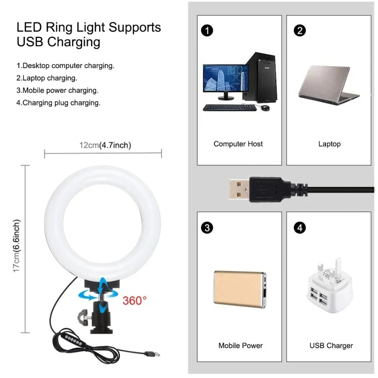 مجموعة PULUZ 4 في 1 لمعدات بث مباشر وتسجيل فيديو للهواتف الذكية + ضوء سيلفي LED حلقي RGBW 4.7 بوصة 12 سم + ميكروفون + حامل ترايبود جيب مع قاعدة ترايبود بارد لرأس الترايبود، 4 في 1، ضوء حلقي RGBW 4 في 1