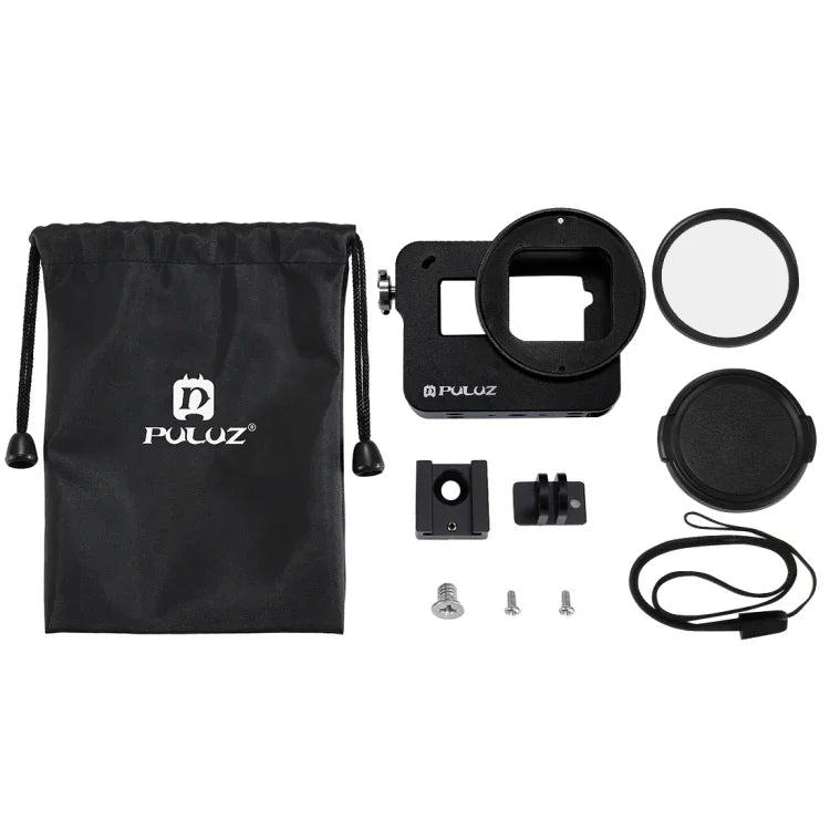 هيكل حماية من سبائك الألمنيوم CNC من PULUZ مع إطار تأمين وعدسة UV بقطر 52 مم لكاميرا GoPro HERO(2018) /7 Black /6 /5، لإطار سحب HERO6 /5، لإطار سحب HERO5