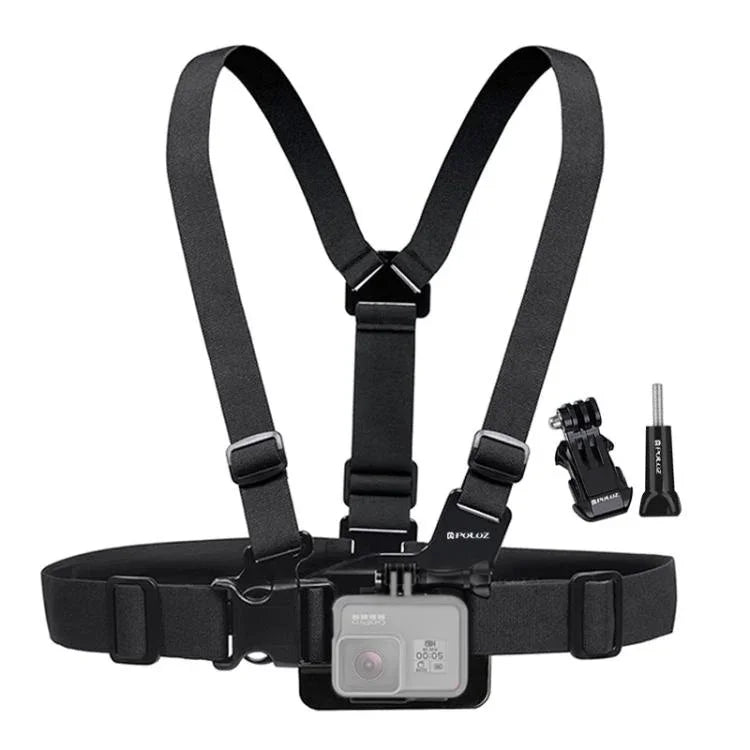 حزام تثبيت جسم قابل للتعديل مع قاعدة تثبيت على شكل J وبرغي طويل من PULUZ لكاميرات GoPro وInsta360 وDJI وغيرها، حزام صدر