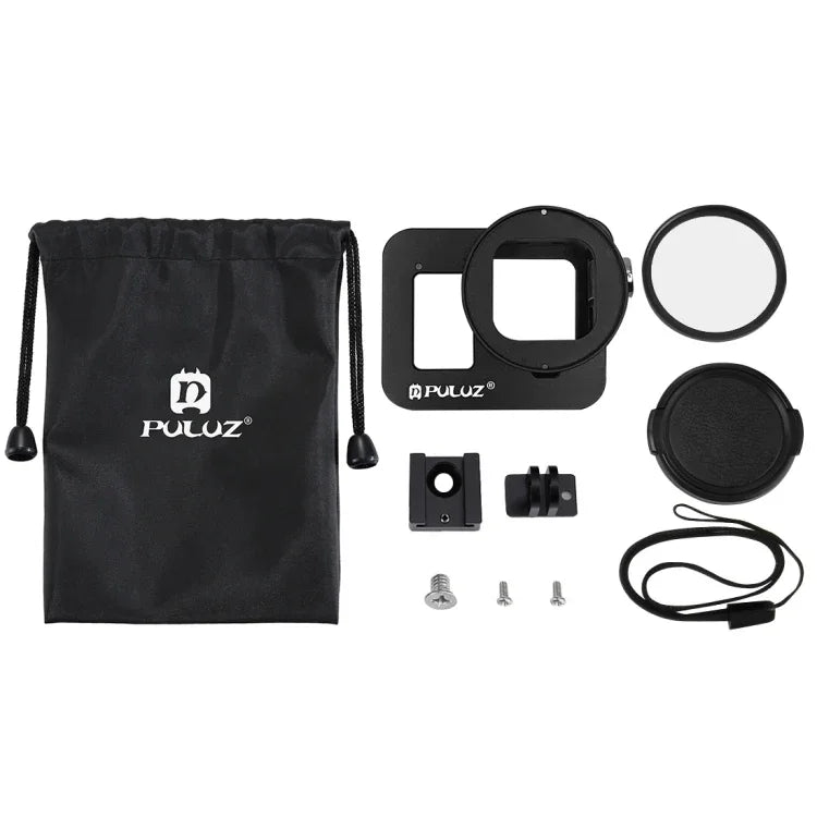 هيكل حماية من سبائك الألمنيوم CNC مع إطار تأمين وعدسة UV بحجم 52 مم لكاميرا GoPro HERO8 Black من PULUZ، لـ HERO8 Black مع إطار