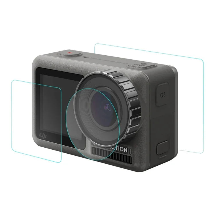 PULUZ عدسة + فيلم زجاج مقسى 9H 2.5D لشاشة LCD الأمامية والخلفية لـ DJI Osmo Action، لـ DJI Osmo Action