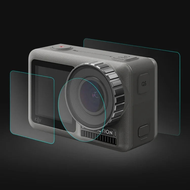PULUZ عدسة + فيلم زجاج مقسى 9H 2.5D لشاشة LCD الأمامية والخلفية لـ DJI Osmo Action، لـ DJI Osmo Action