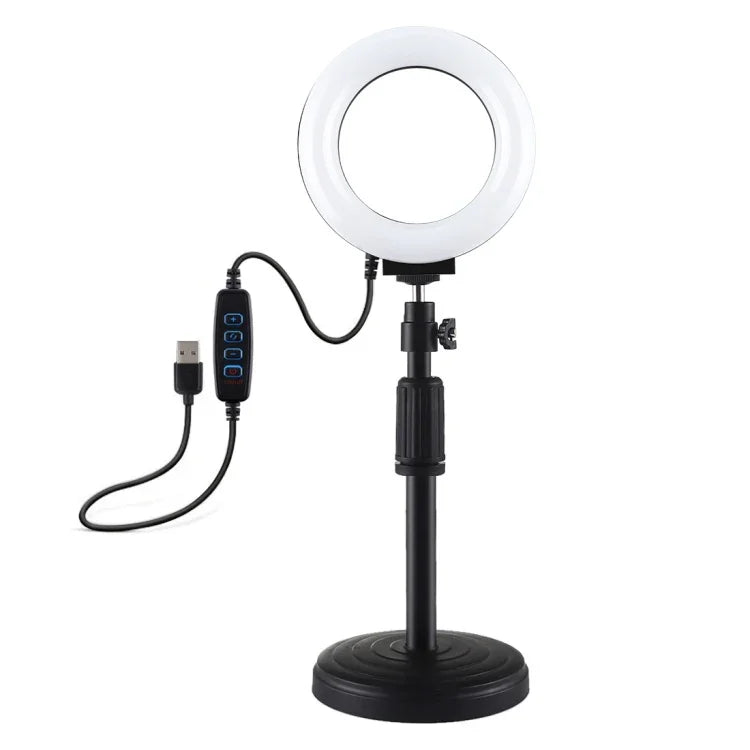 حامل مكتبي بقاعدة دائرية من PULUZ + حلقة LED قابلة للتعتيم USB بحجم 4.7 إنش 12 سم بثلاثة أوضاع لإضاءة الفيديو، ارتفاع قابل للتعديل: 15.5 سم - 25.5 سم، حامل مكتبي + 4.7 إنش